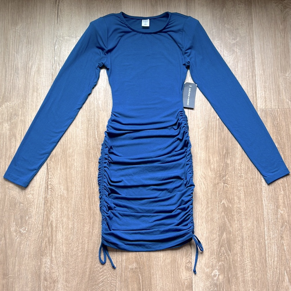 NWT Melrose and Market Women’s Blue Side Tie Ruched Bodycon Mini Dress Size XXS